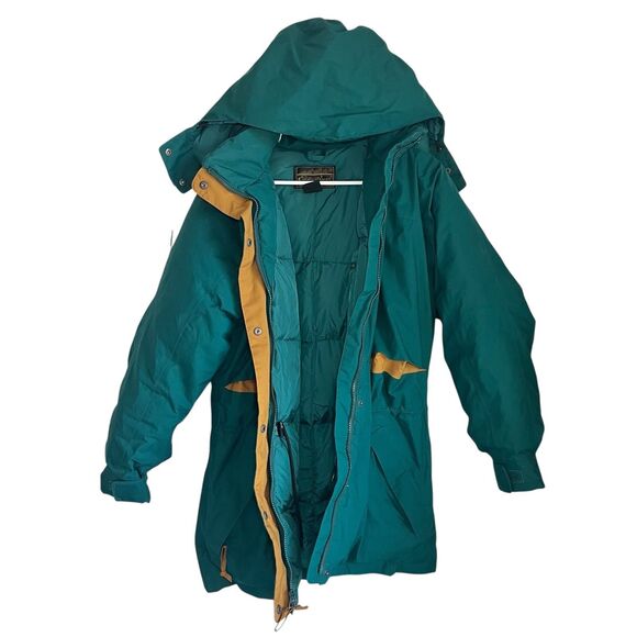 Eddie Bauer Down Jacket Coat Goose Winter Snow Long Hooded Vintage Green Men M - Picture 1 of 6